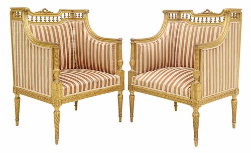 (2) FRENCH LOUIS XVI STYLE SILK-UPHOLSTERED BERGERES