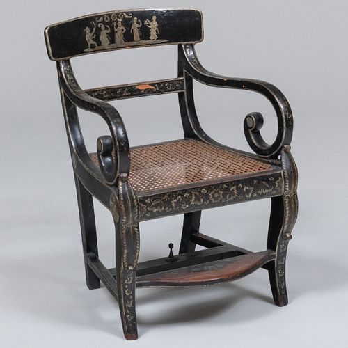 Rare Regency Ebonized and Penwork and Caned Child's Chair