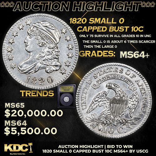 ***Auction Highlight*** 1820 Small 0 Capped Bust Dime 10c Graded Choice+ Unc By USCG (fc)