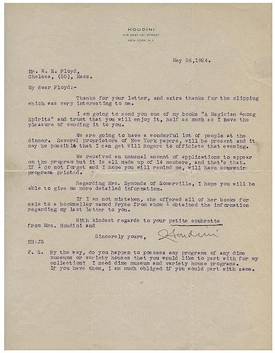 Typed Letter Signed, “Houdini,” to Walter E. Floyd.