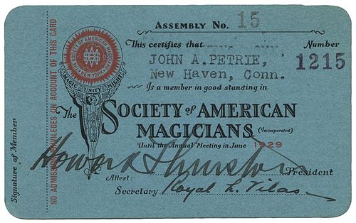 John Petrie’s S.A.M. Membership Card, Signed by Thurston.