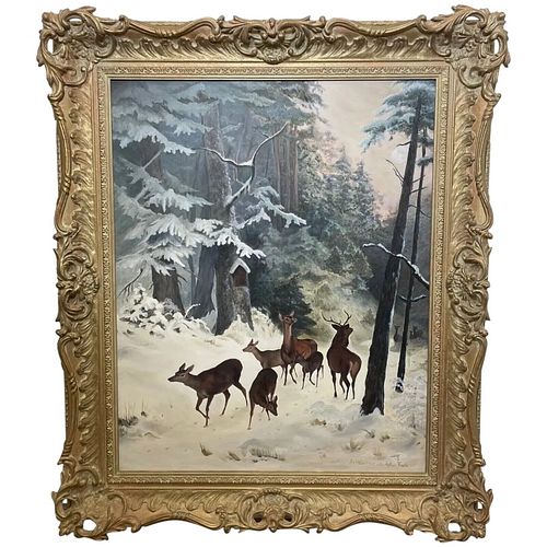 DEER & STAG IN WINTER SNOW FOREST OIL PAINTING