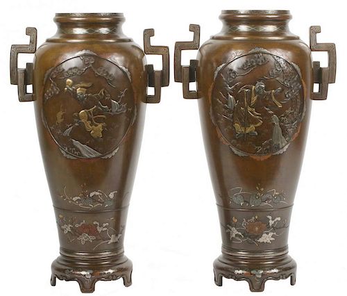PAIR OF LARGE JAPANESE MIXED METAL VASES