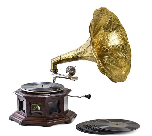 TABLETOP PHONOGRAPH WITH MORNING GLORY HORN & RECORDS