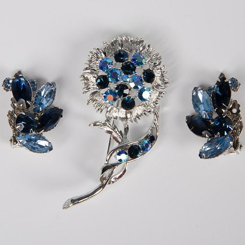 3pc Silver Tone and Rhinestone Brooch and Earrings