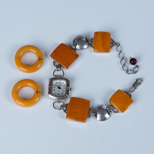 4pc Amber Bracelet, Watch and Earrings