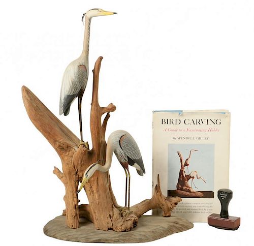 W. H. GILLEY BIRD CARVING WITH HIS BOOK & RUBBER STAMP