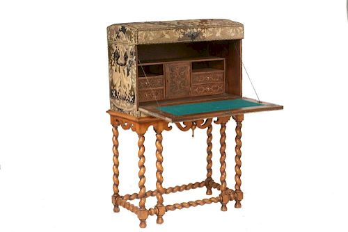 NEEDLEPOINT COVERED TRUNK FORM DESK ON STAND