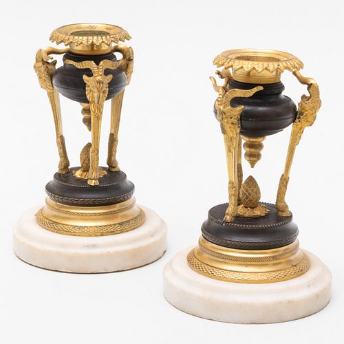 Pair of Louis XVI Ormolu and Patinated-Bronze Candlesticks