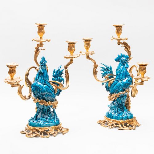 Pair of Continental Turquoise Glazed Porcelain Cockerels Ormolu-Mounted as Three-Light Candelabra