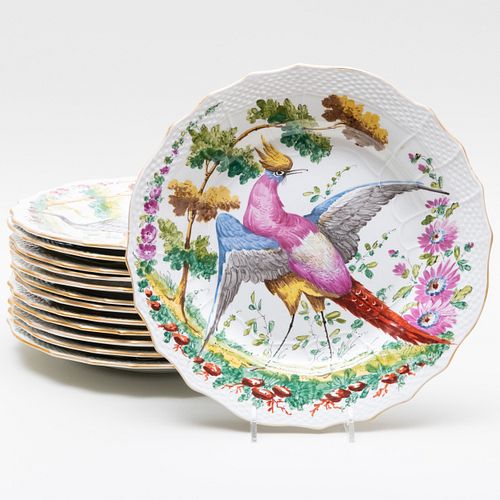 Set of Thirteen Porcelain Plates Painted with Birds, Probably Samson