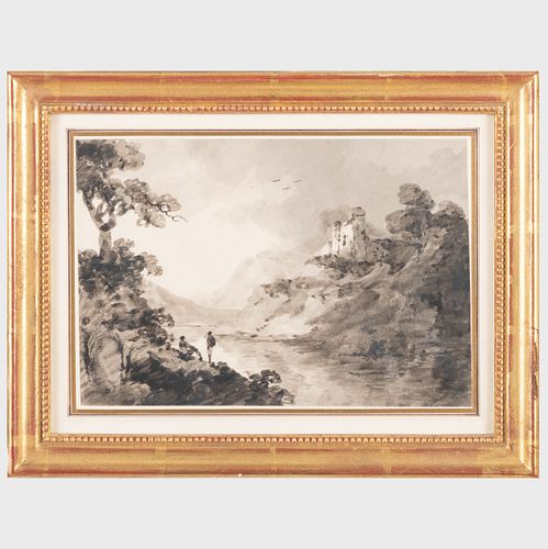 English School: River Landscape with Figures on a Bank Below a Castle on a Hilltop 