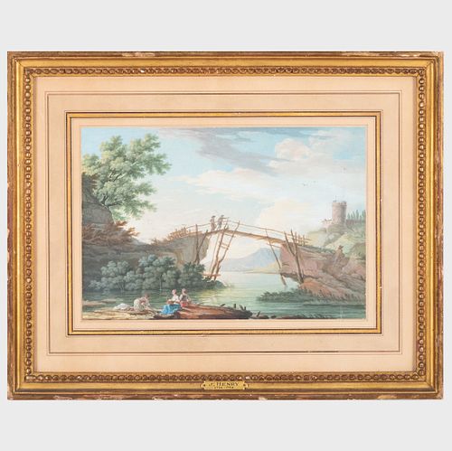 Attributed to Jean Henry (1734-1784): River Landscape with a Rustic Bridge and Washer- and Fisher-Women In The Foreground