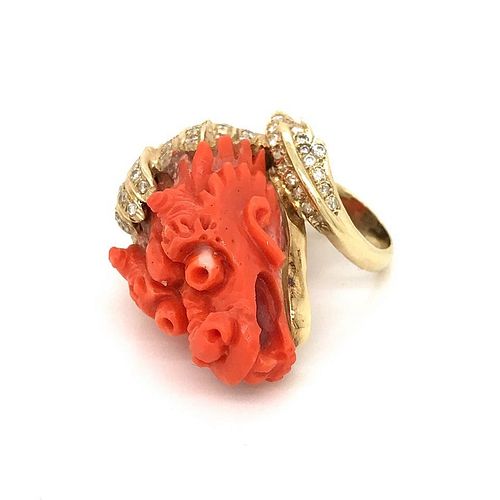 
18K Yellow Gold Dragon Coral & Diamond Ring