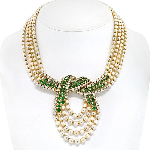 Chaumet Platinum & 18K Yellow Gold 10cttw Diamond, Emerald And Pearl MultiStrand Necklace