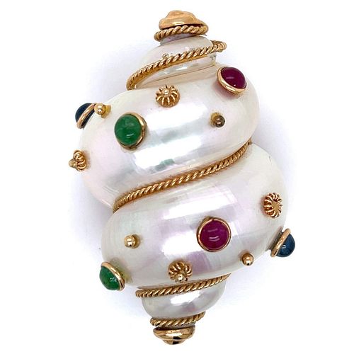 MAZ 14K Yellow Gold Mother of Pearl, Ruby, Emerald, and Sapphire Shell Brooch