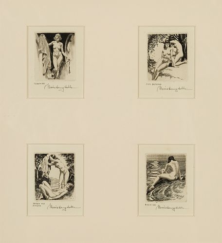 Morris Henry Hobbs (Am. 1892-1967), "Morning", "Sun Bathing", "After the Siesta" and "Evening", Etching, framed under glass
