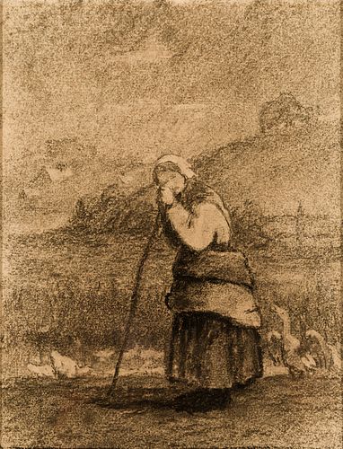 After Jean-François Millet (Fr. 1814-1875), Study for The Goose Girl at Gruchy, Charcoal on paper, framed under glass