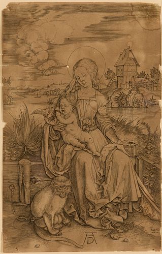 Albrecht Durer (Ger. 1471-1528), Virgin and Child with Monkey, Etching, framed under glass