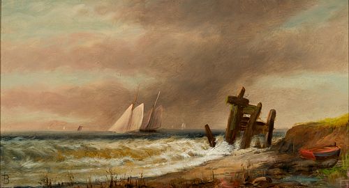 Elisha Taylor Baker (Am. 1827-1890), Sailing Along the Coast, June 10, 1889, Oil on panel, framed