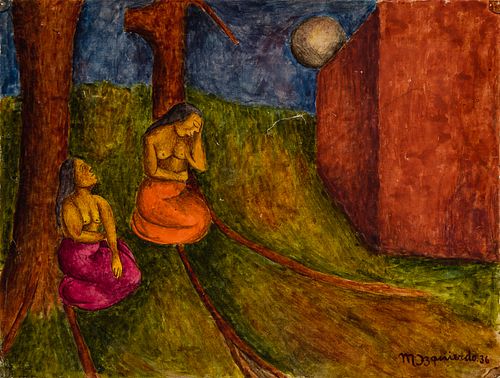 Maria Izquierdo (Mexican 1902-1955), Moonlight Scene, 1936, Tempera on paper, framed