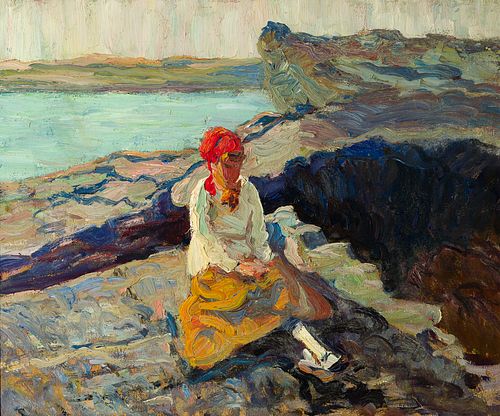 Walt Kuhn (Am. 1877-1949), Woman in Red Scarf Near the Seashore, Oil on canvasboard, framed