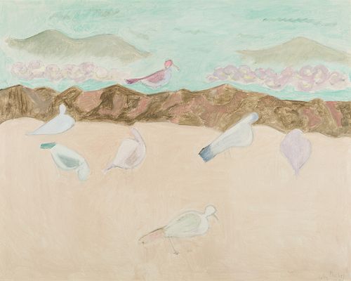 Sally Michel Avery (Am. 1902-2003), "Gulls by Pale Green Sea" 1982, Oil on canvas, framed