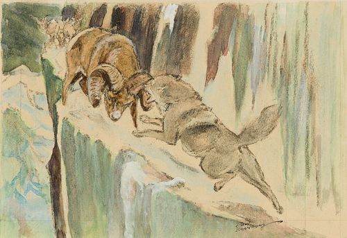Paul Bransom (Am. 1885-1979), Battle on the Ledge, Watercolor and charcoal on paper, framed under glass