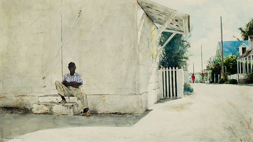 Stephen Scott Young (Am. b. 1957), Sunday on the Corner, Watercolor on paper, framed under glass