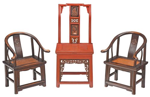 A Chinese Wedding Chair and a Pair of Child's Chairs