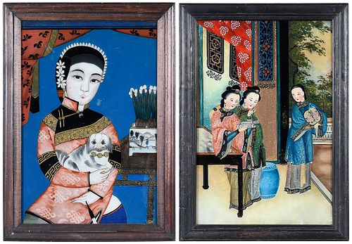 Two Framed Chinese Reverse Painted Glass Panels