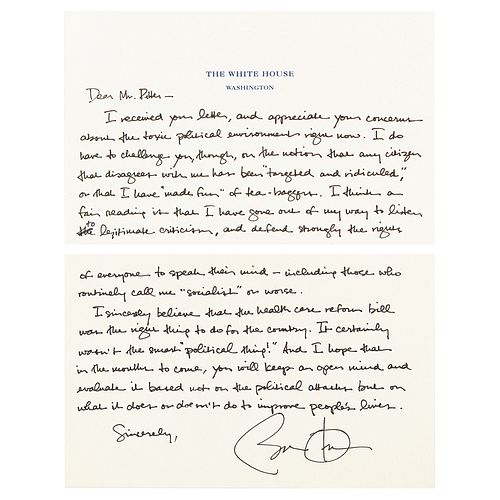 Barack Obama Rare Autograph Letter Signed as President on the "toxic political environment"