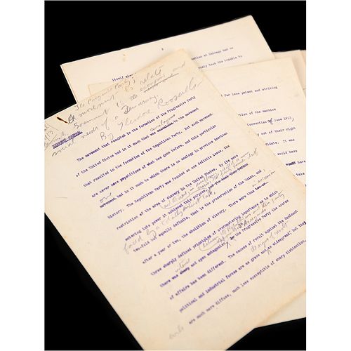 Theodore Roosevelt Signed and Hand-Edited Manuscript: "The Progressive Party; A movement to relate Democratic Government to the economic and social ne