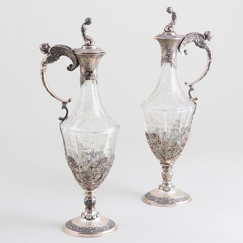 Pair of Tiffany & Co. Silver-Mounted Cut Glass Ewers