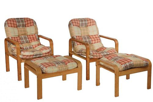 PAIR OF BRIGGER DESIGN BY KLEIN ARMCHAIRS WITH OTTOMANS