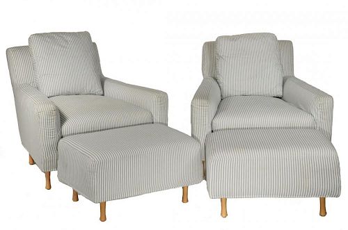 PAIR OF OVERSTUFFED CLUB CHAIRS WITH OTTOMANS