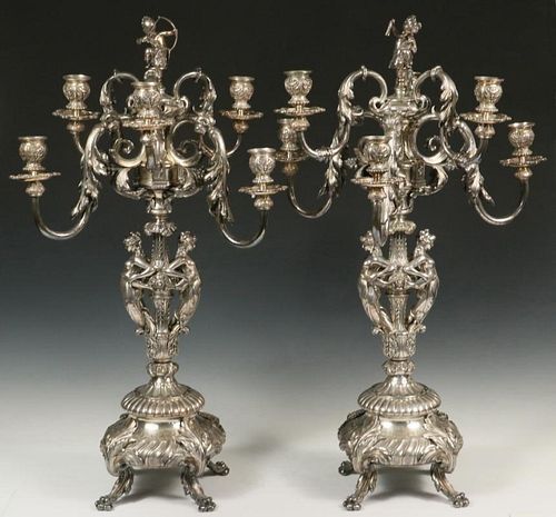 MONUMENTAL PAIR OF SILVER PLATE FIGURAL CANDELABRA
