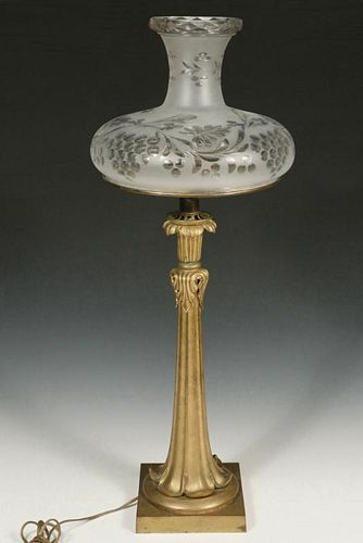 BRONZE BANQUET LAMP WITH CUT GLASS SHADE