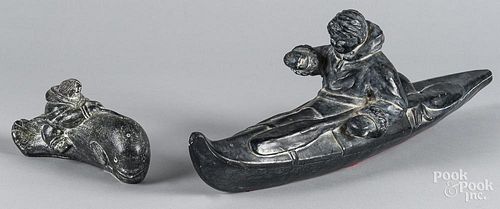 Chalk carving of an Inuit hunter in a kayak, 20th