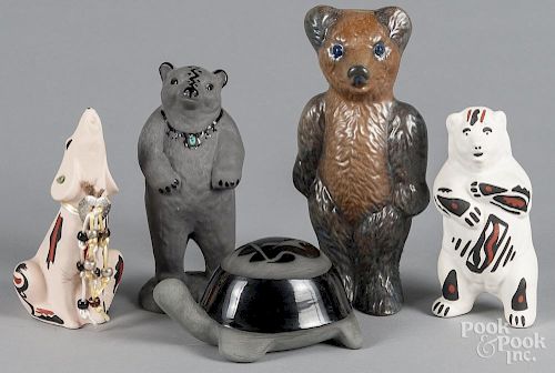 Five pottery animals, to include a Pueblo painted