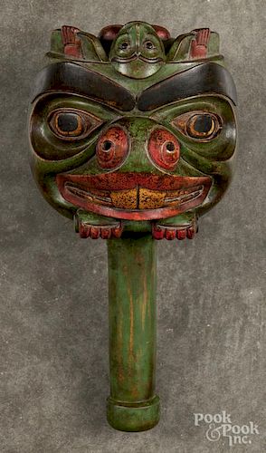 Northwest Coast style carved and painted ceremonial beaver rattle, 13" l.