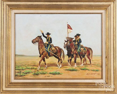 Oil on canvas western landscape with cavalry, sign