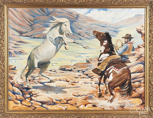 Oil on canvas western landscape with cowboy, signe
