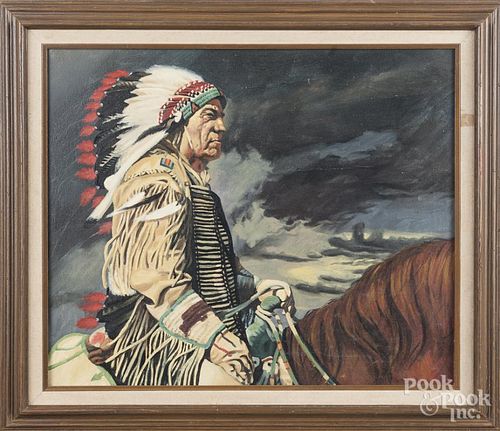Oil on canvas Native American chief, signed {C. Je