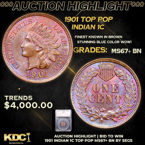 ***Auction Highlight*** 1901 Indian Cent TOP POP 1c Grades GEM++ BN By SEGS (fc)