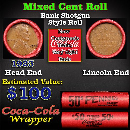 Mixed small cents 1c orig shotgun roll, 1923-p Lincoln Cent, Wheat Cent other end, Coca-Cola Brandt Wrapper.