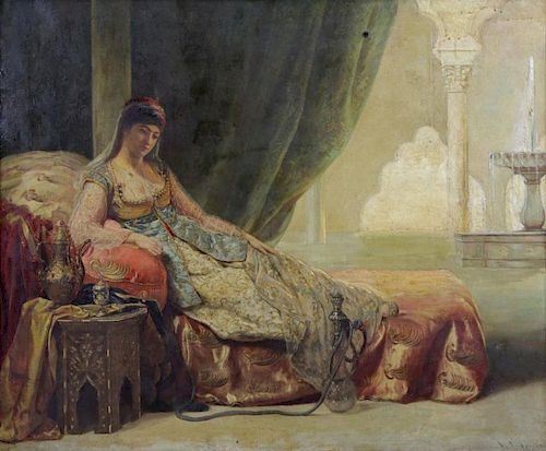 19th Century Orientalist Oil on Canvas "The Harem