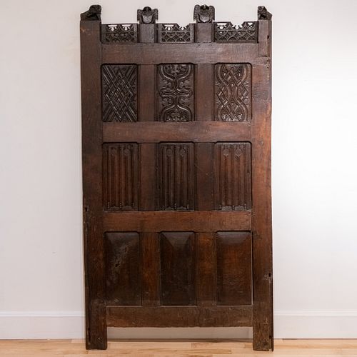 Pair of Gothic Carved Oak Panels Together with a Linen Fold Panel