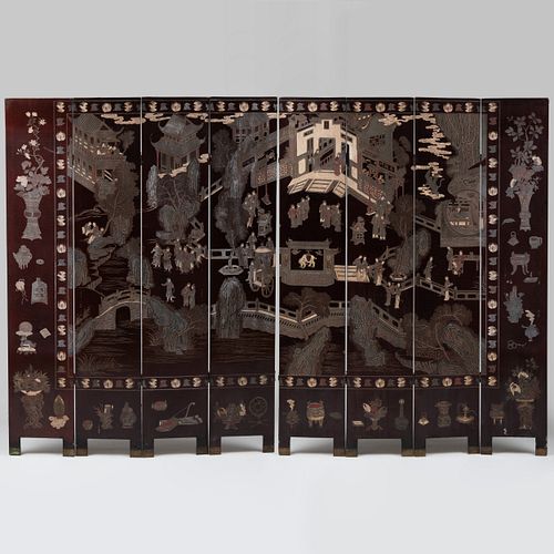 Chinese Brown and Polychrome Coromandel Lacquer Eight Panel Screen