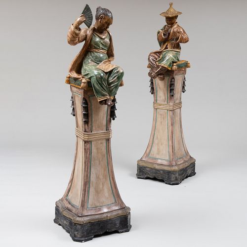 Pair of Polychrome Painted Terracotta Chinoiserie Figures on Plinths